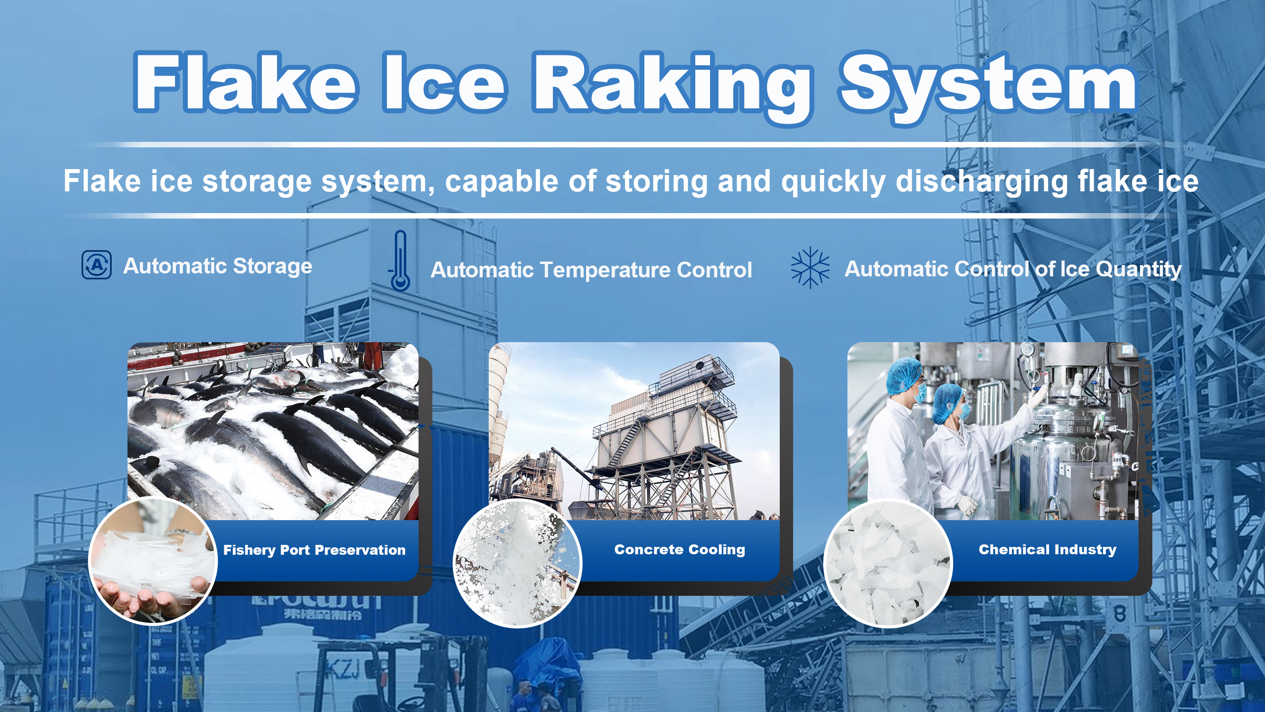 Industrial flake ice system with continuous ice production for seafood processing, food preservation, and industrial cooling
