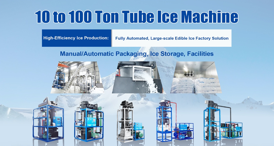 Different types of tube ice machines for food processing, seafood preservation, and commercial ice production