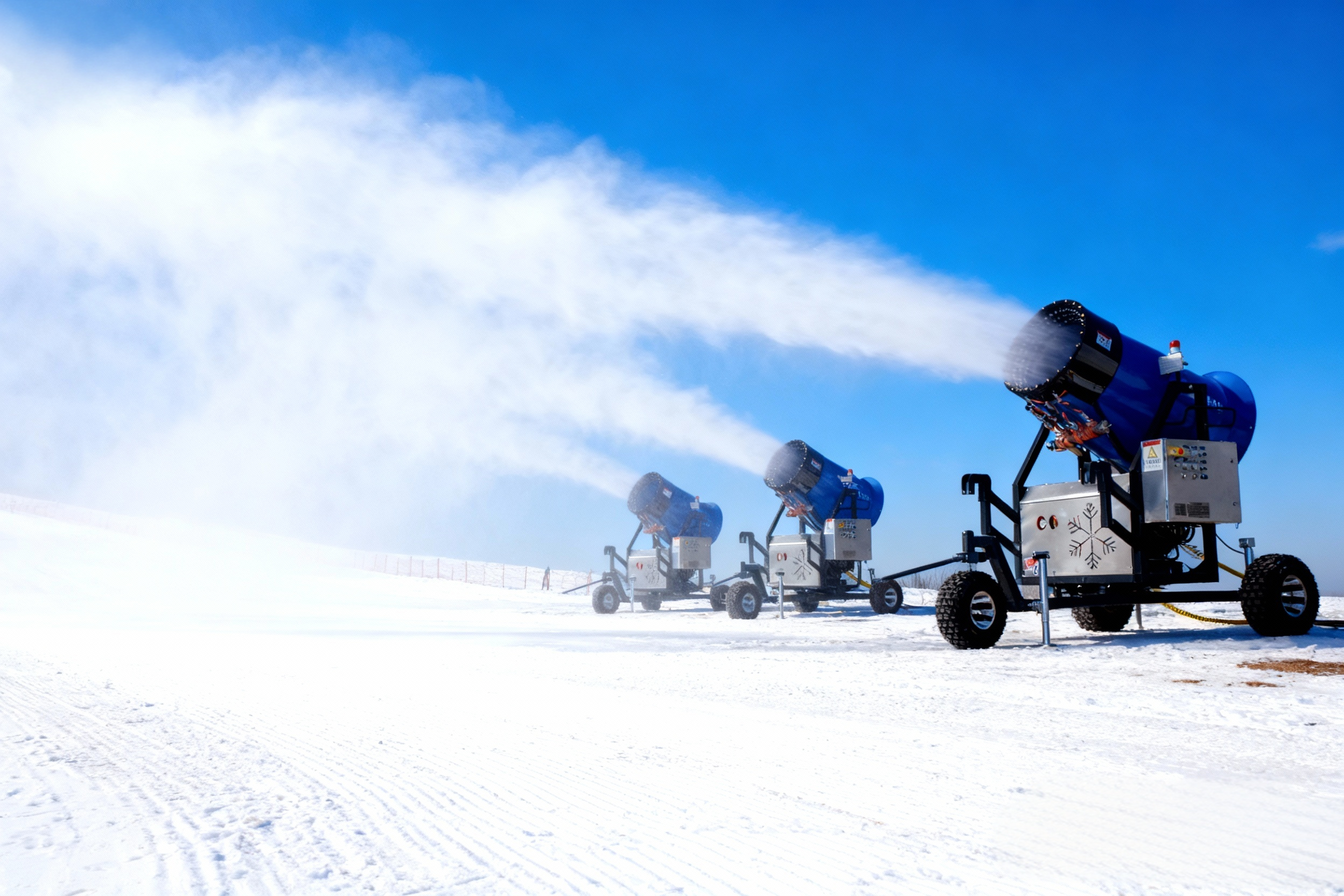 High-performance snow cannon spraying artificial snow for commercial and entertainment applications
