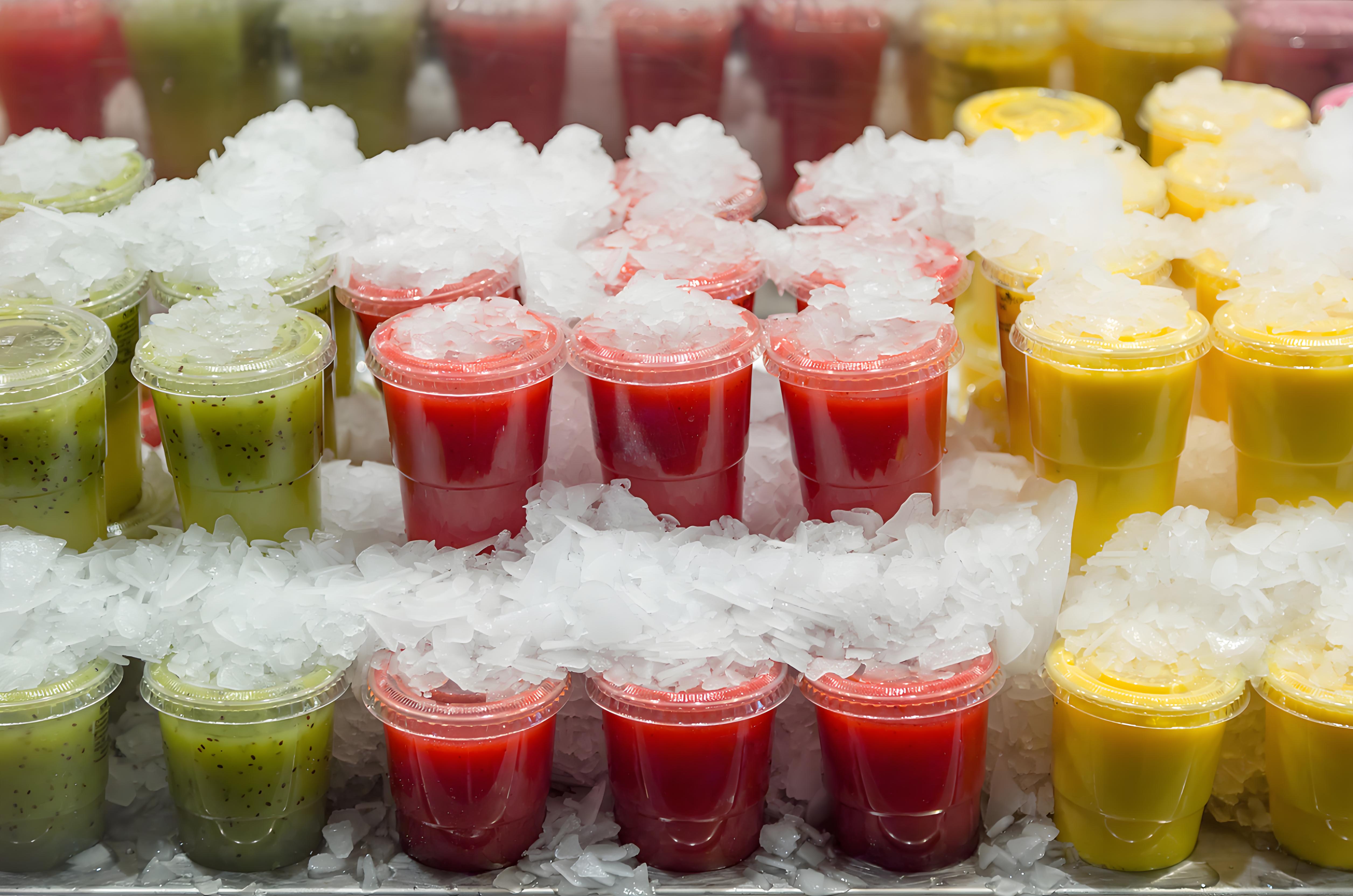 Fresh flake ice with high surface area used in commercial cooling applications