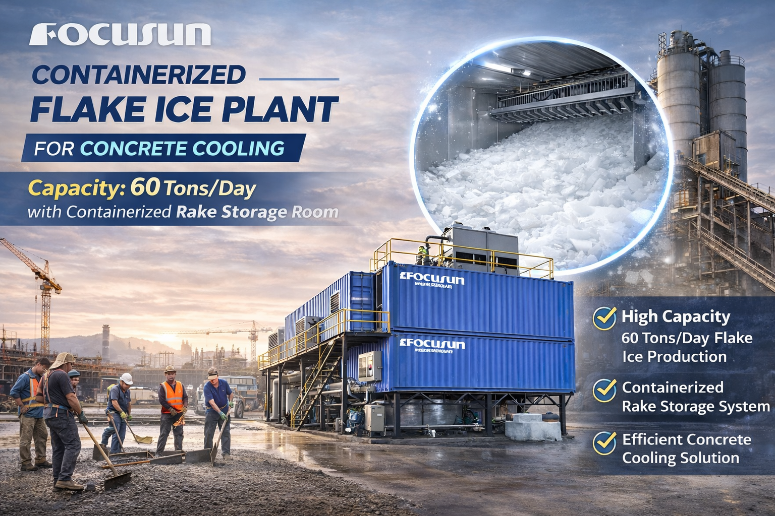 Flake ice concrete cooling system installed at mass concrete construction site for temperature control