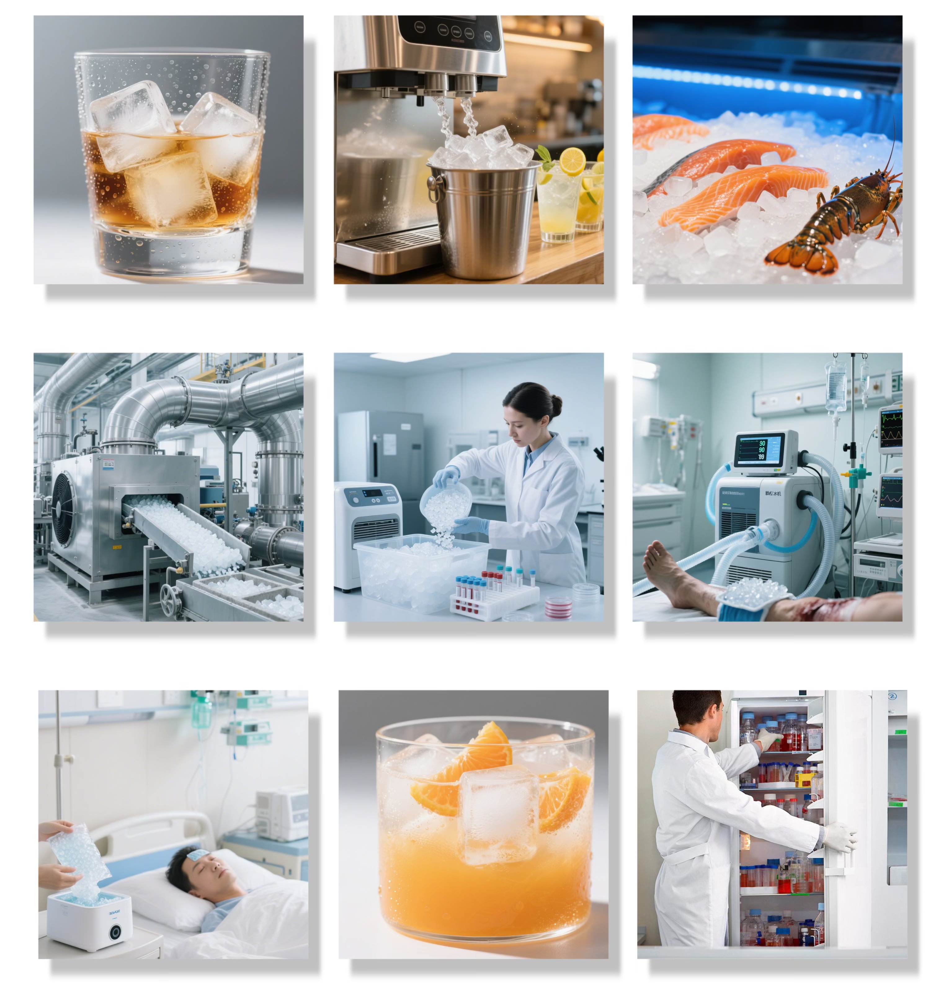 Crystal clear cube ice used for chilling beverages in restaurants and bars to maintain drink freshness