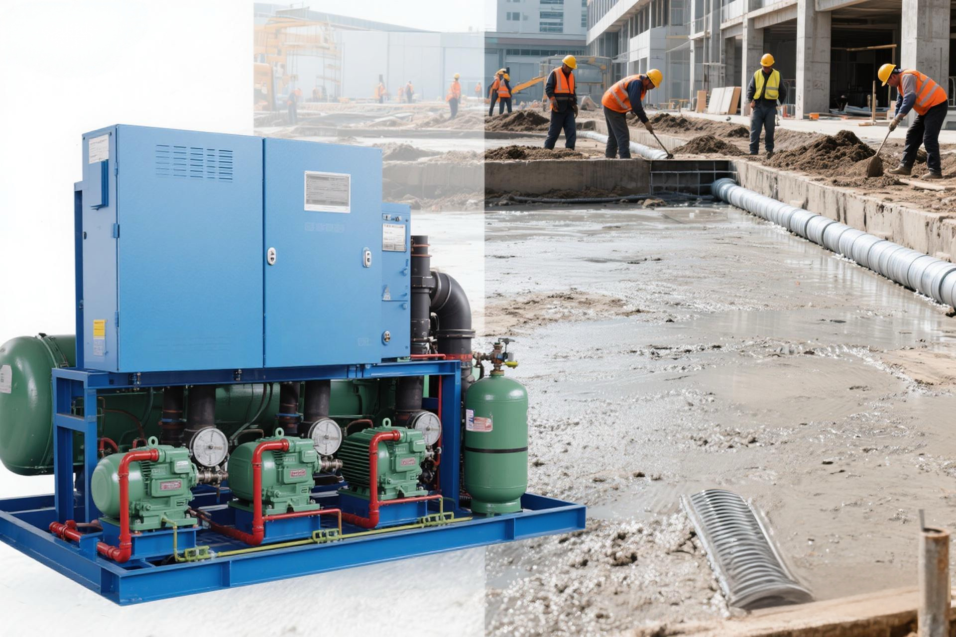 Flake ice cooling solution supplying ice to concrete mixing process in large infrastructure project