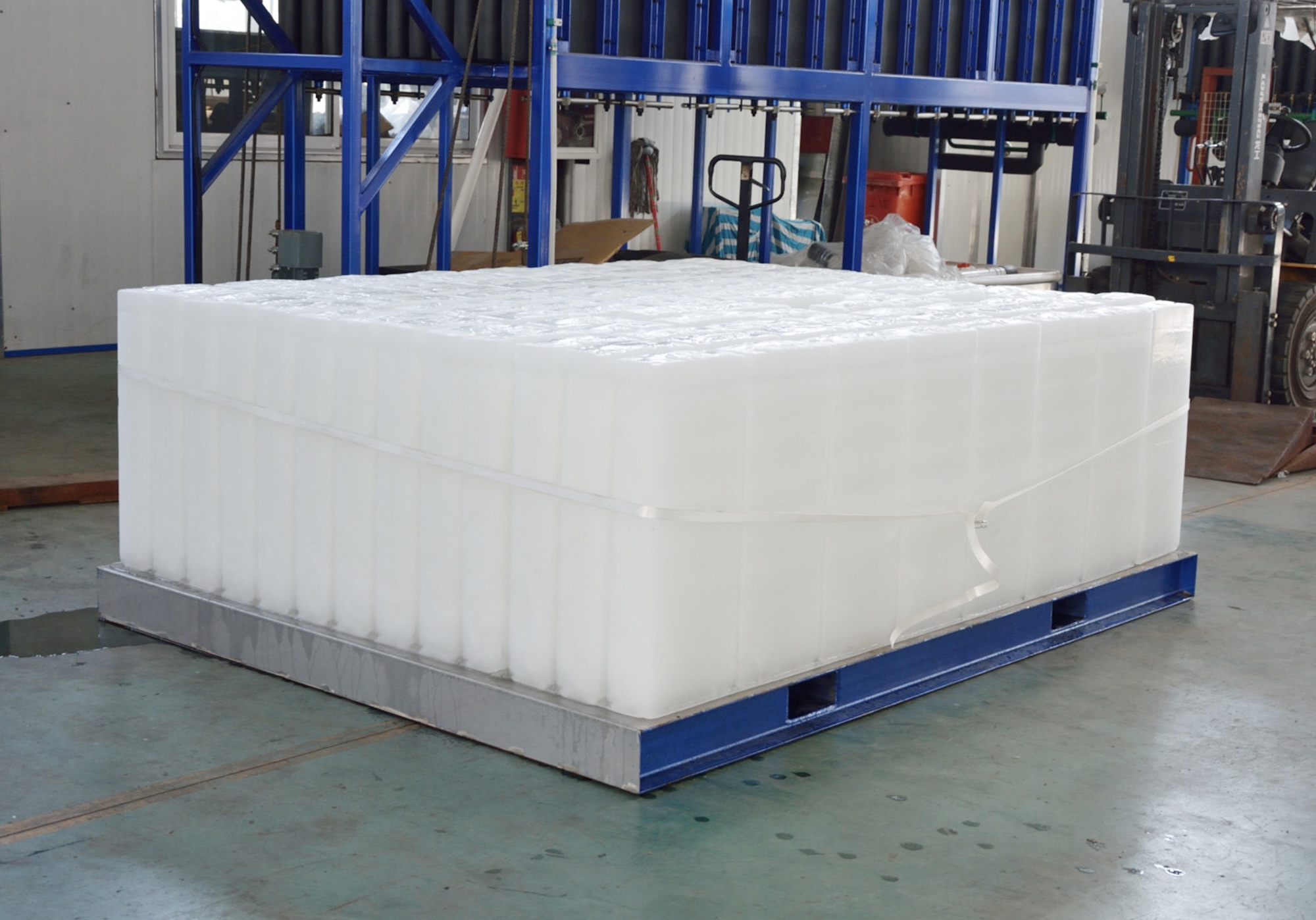 Large, solid ice blocks used for transportation, cooling, and preservation in industries such as fishing and food processing