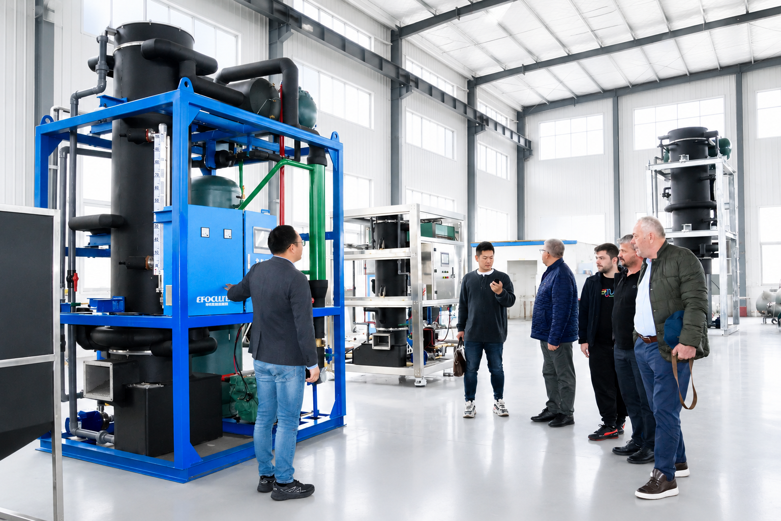 Focusun 10-ton industrial tube ice machine featuring stainless steel evaporator, Bitzer compressor, and Siemens PLC control panel