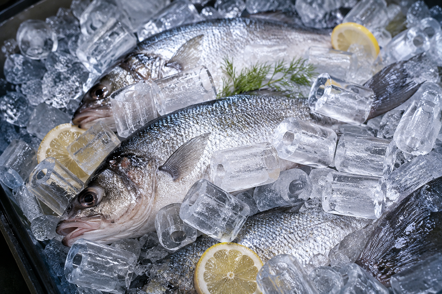 Tube ice spread over fresh fish for seafood preservation
