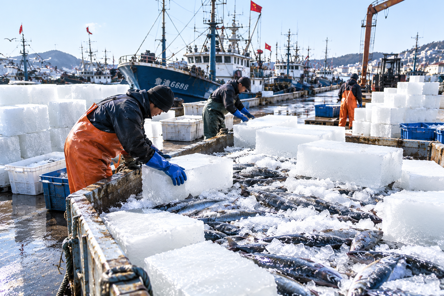 Large slow-melting block ice on wooden pallets at a fishery dock