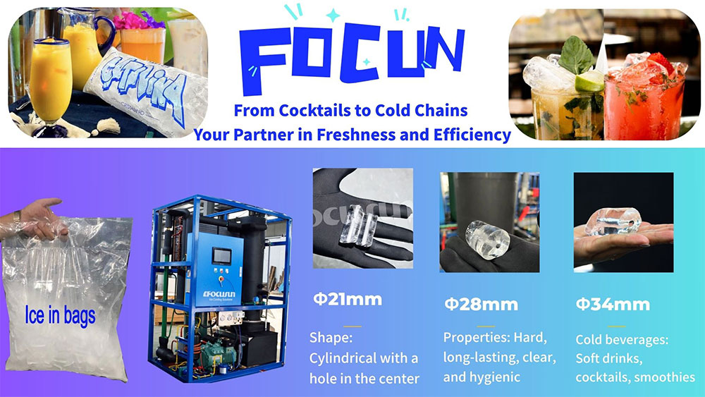 Focusun tube ice maker with customizable ice sizes including 28mm, 34mm, and 44mm