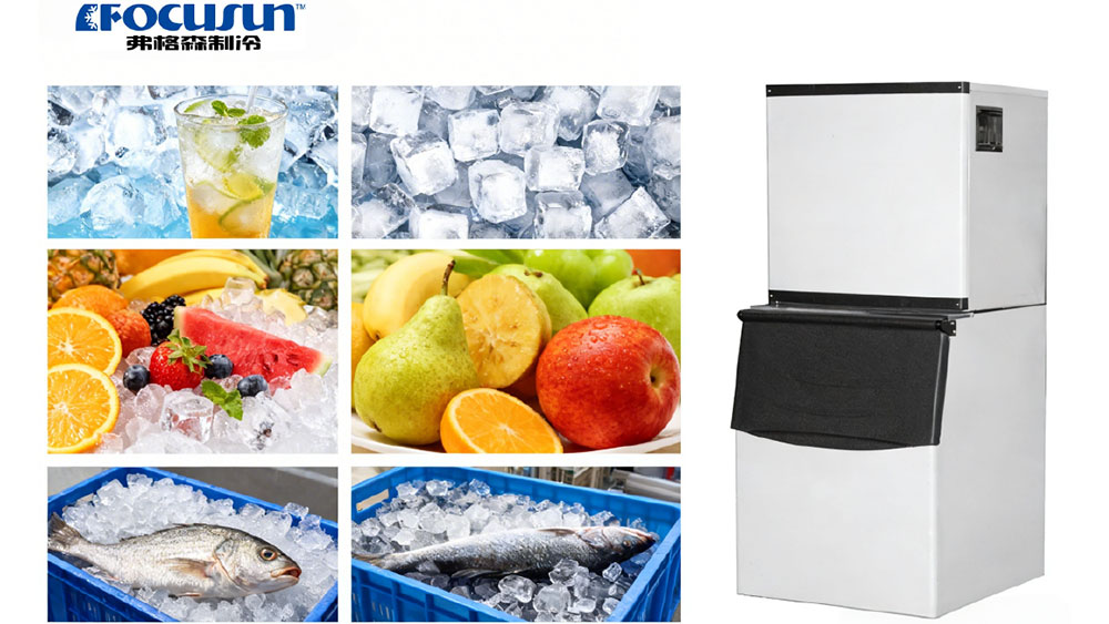 Focusun cube ice machine applications including iced drinks, fruit cooling, and fishery preservation