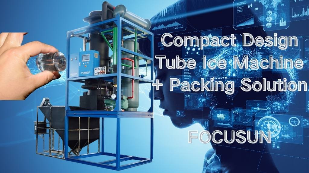 Focusun tube ice machine producing crystal-clear, slow-melting tube ice for food and beverage applications