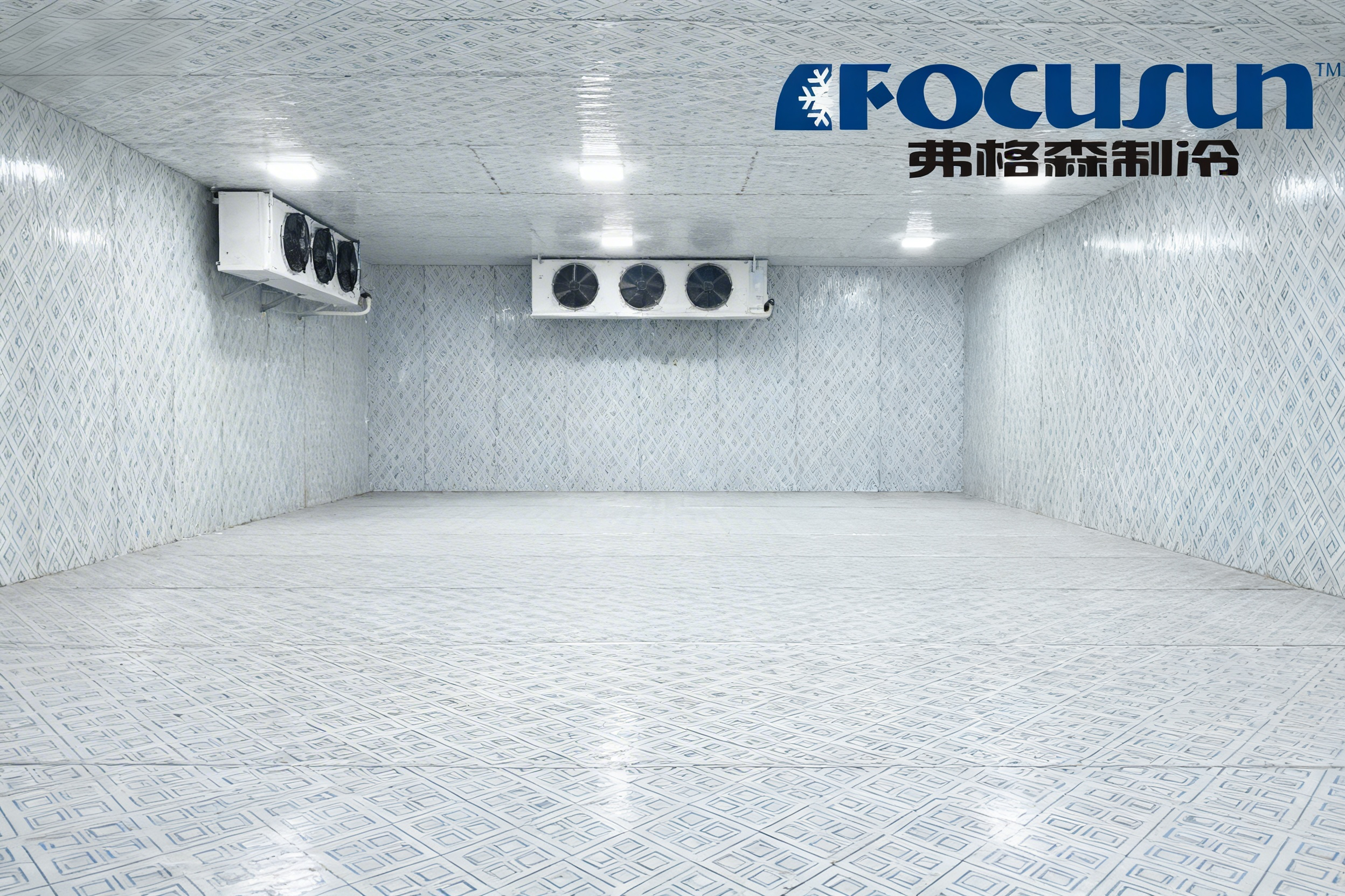 Industrial cold room interior for ice storage with insulated panels and temperature control system