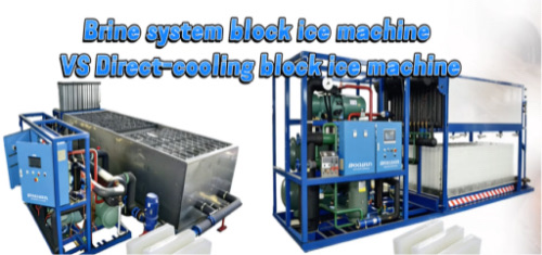 Technical comparison of Direct Cooling vs. Brine Systems for block ice machines highlighting differences in efficiency and automation.
