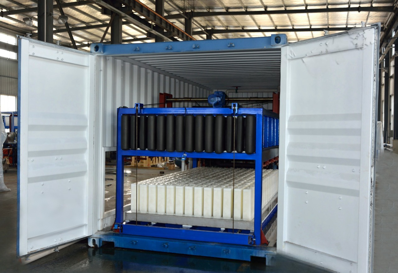 Interior of containerized block ice machine featuring Bitzer compressor and Siemens PLC
