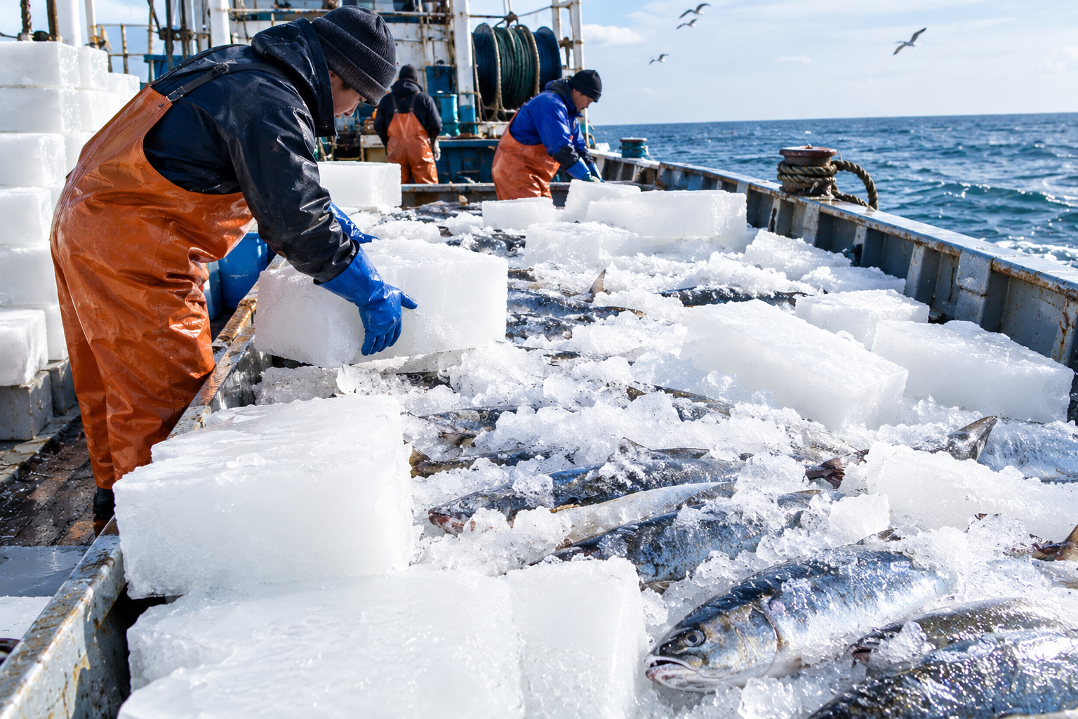 Durable commercial block ice used for seafood catch preservation and transport