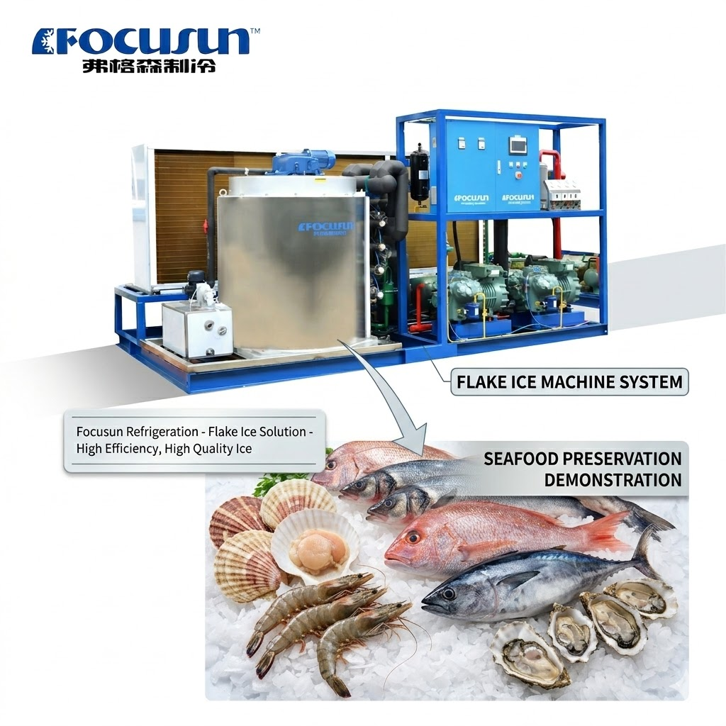 Focusun flake ice for seafood preservation and food processing.